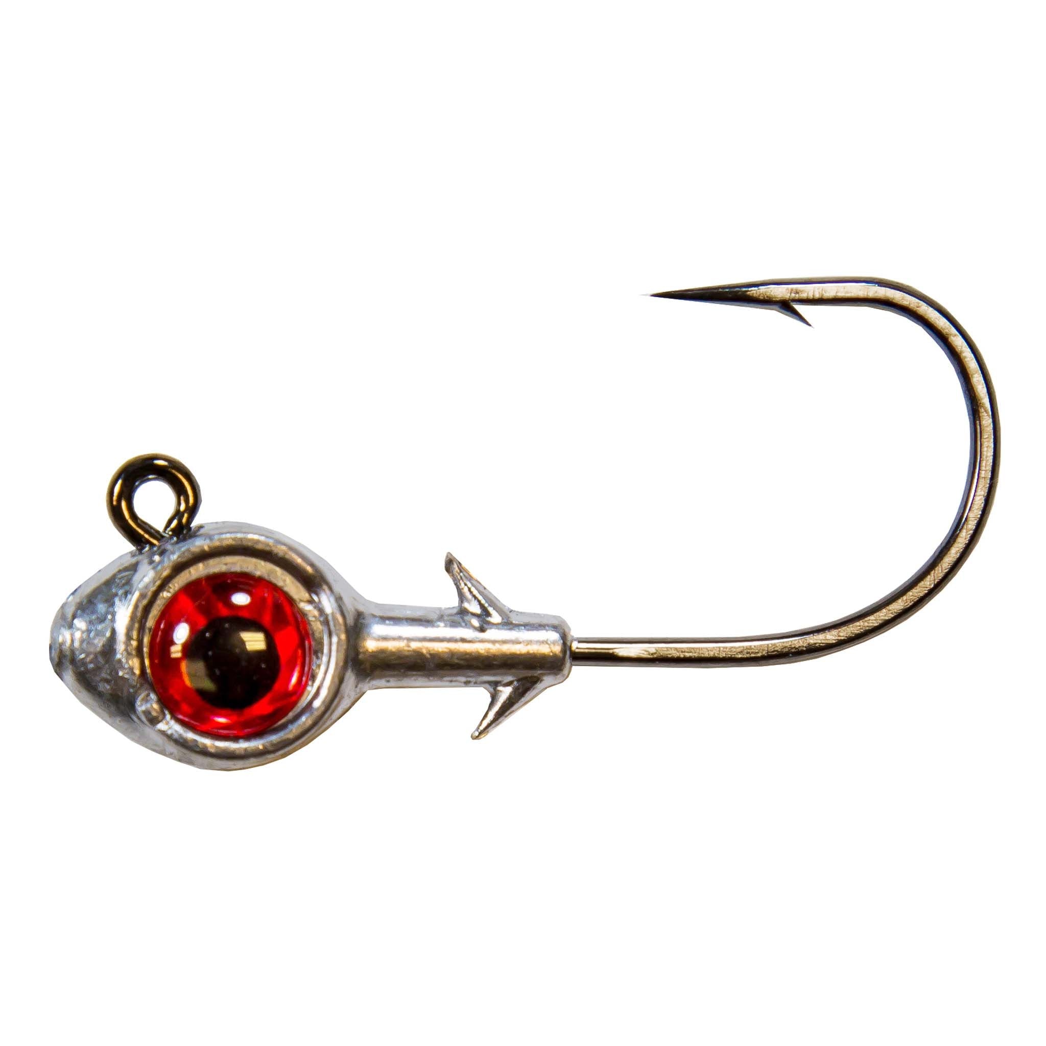 Red-eyed trout eye jighead with silver lead head and curved fishing hook