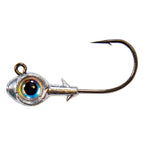 Pearl-toned trout eye jighead with silver lead head and curved fishing hook