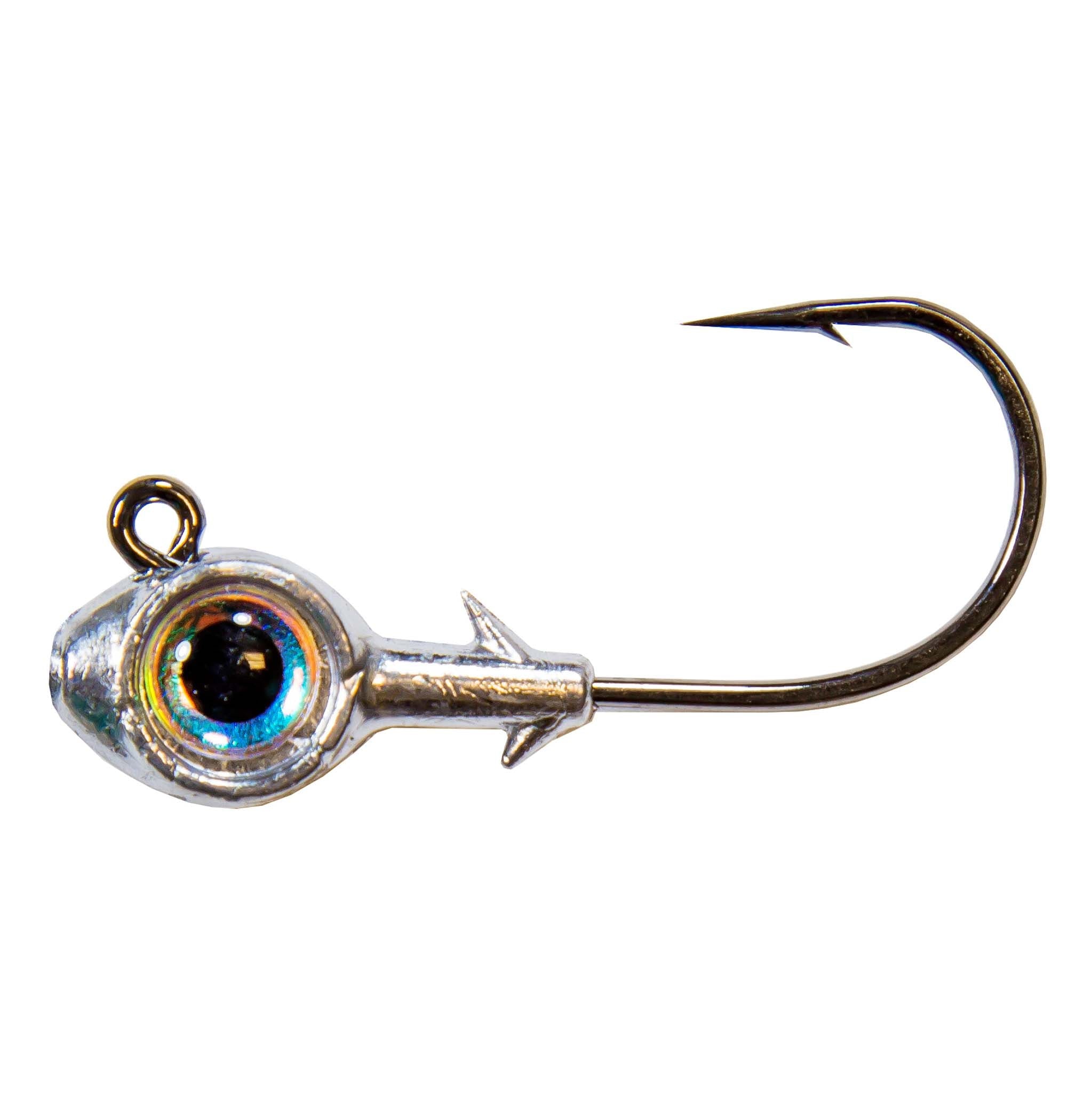 Pearl-toned trout eye jighead with silver lead head and curved fishing hook