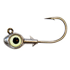 Light yellow-eyed trout eye jighead with silver lead head and curved fishing hook