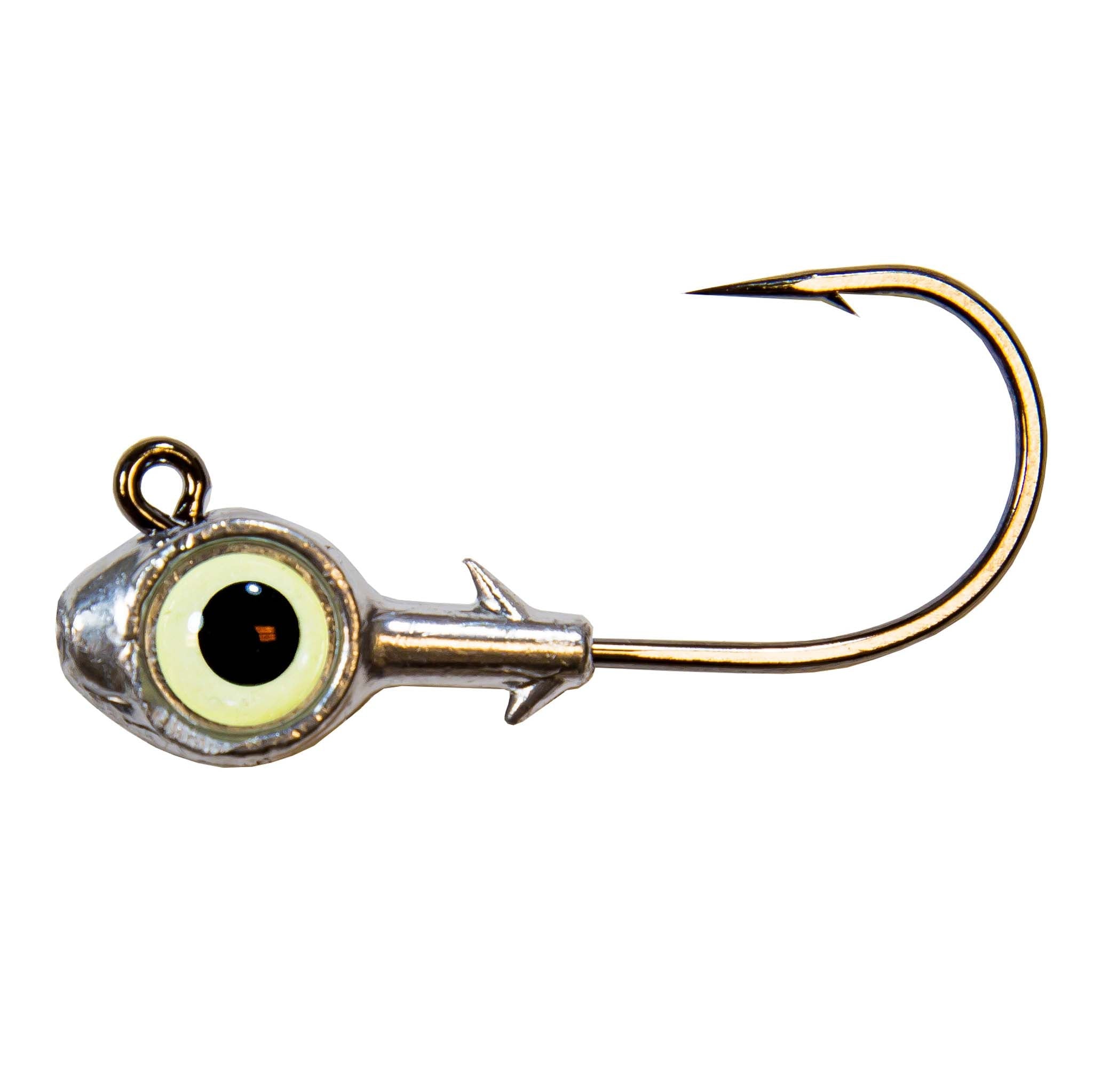 Light yellow-eyed trout eye jighead with silver lead head and curved fishing hook