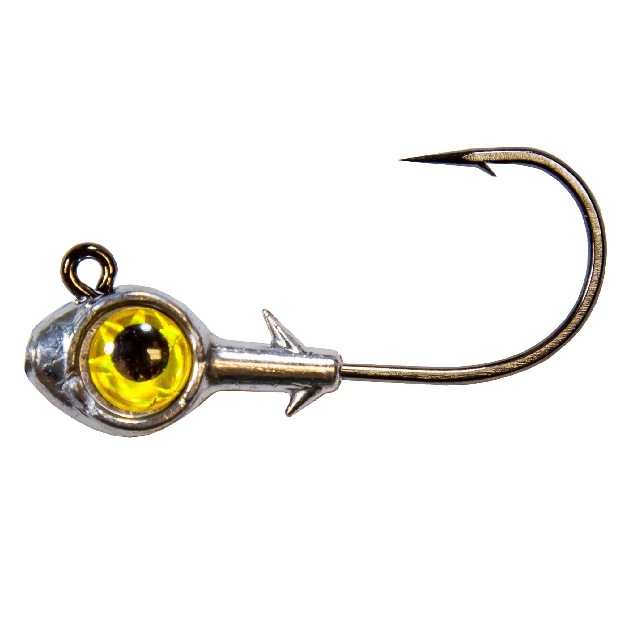 Yellow-eyed trout eye jighead with silver lead head and curved fishing hook