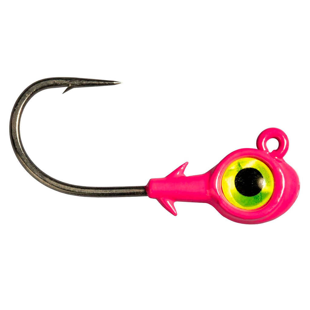 Pink/chartreuse trout-eye jighead with barbed hook and neon green eye ring