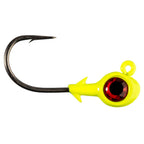 Chartreuse/red trout-eye jighead with barbed hook and red eye center