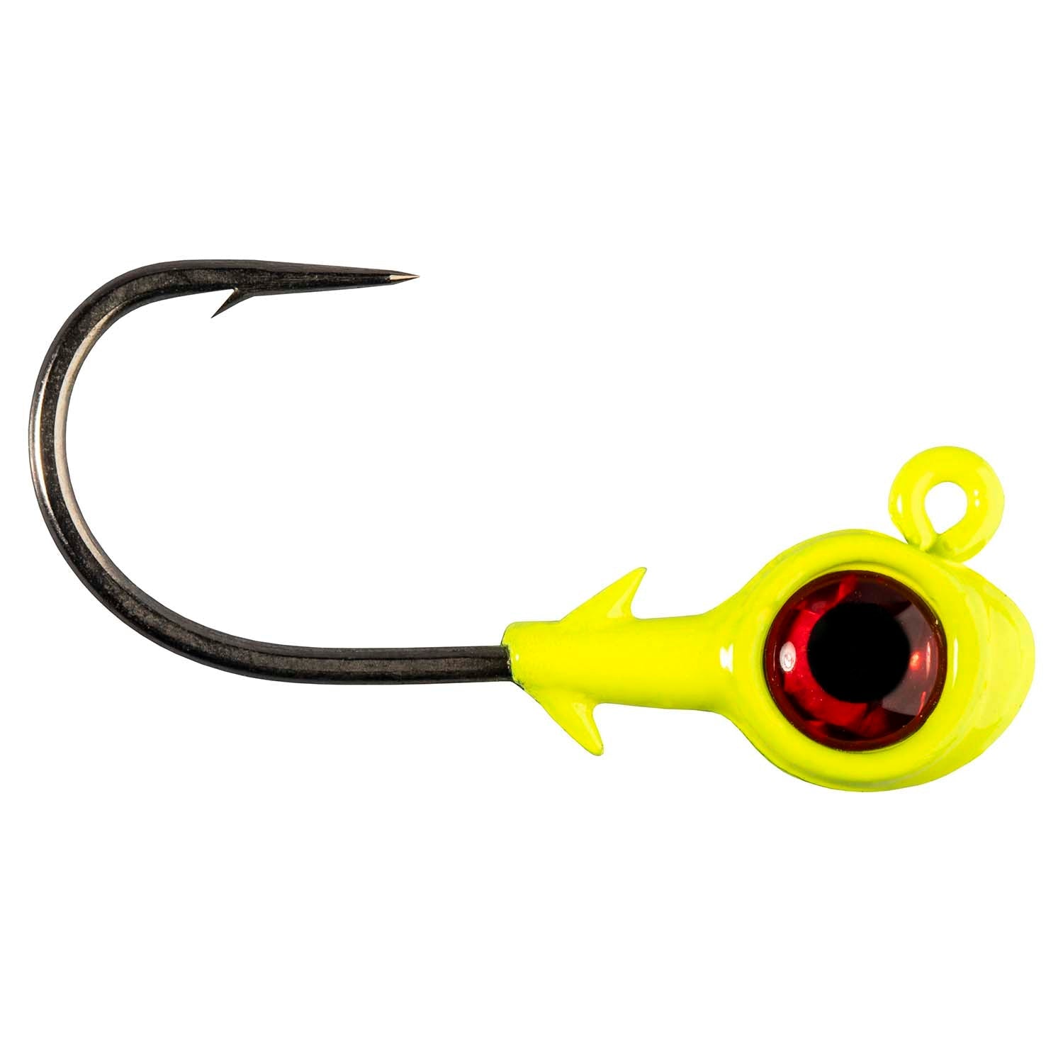 Chartreuse/red trout-eye jighead with barbed hook and red eye center