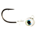 White jighead with iridescent trout eye, blue-green glow center and barbed hook