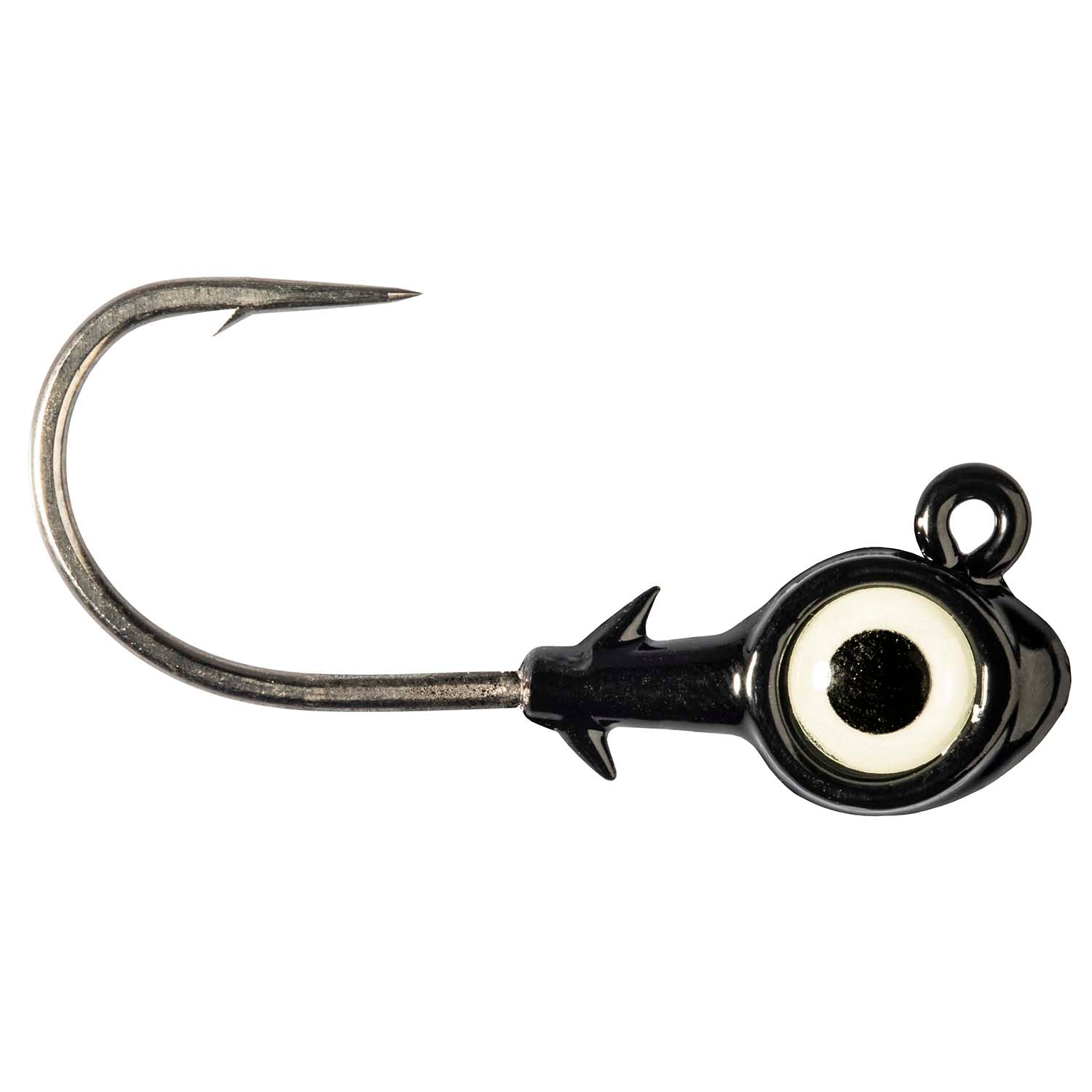 Black jighead with white trout eye, black pupil and barbed hook, loop at top