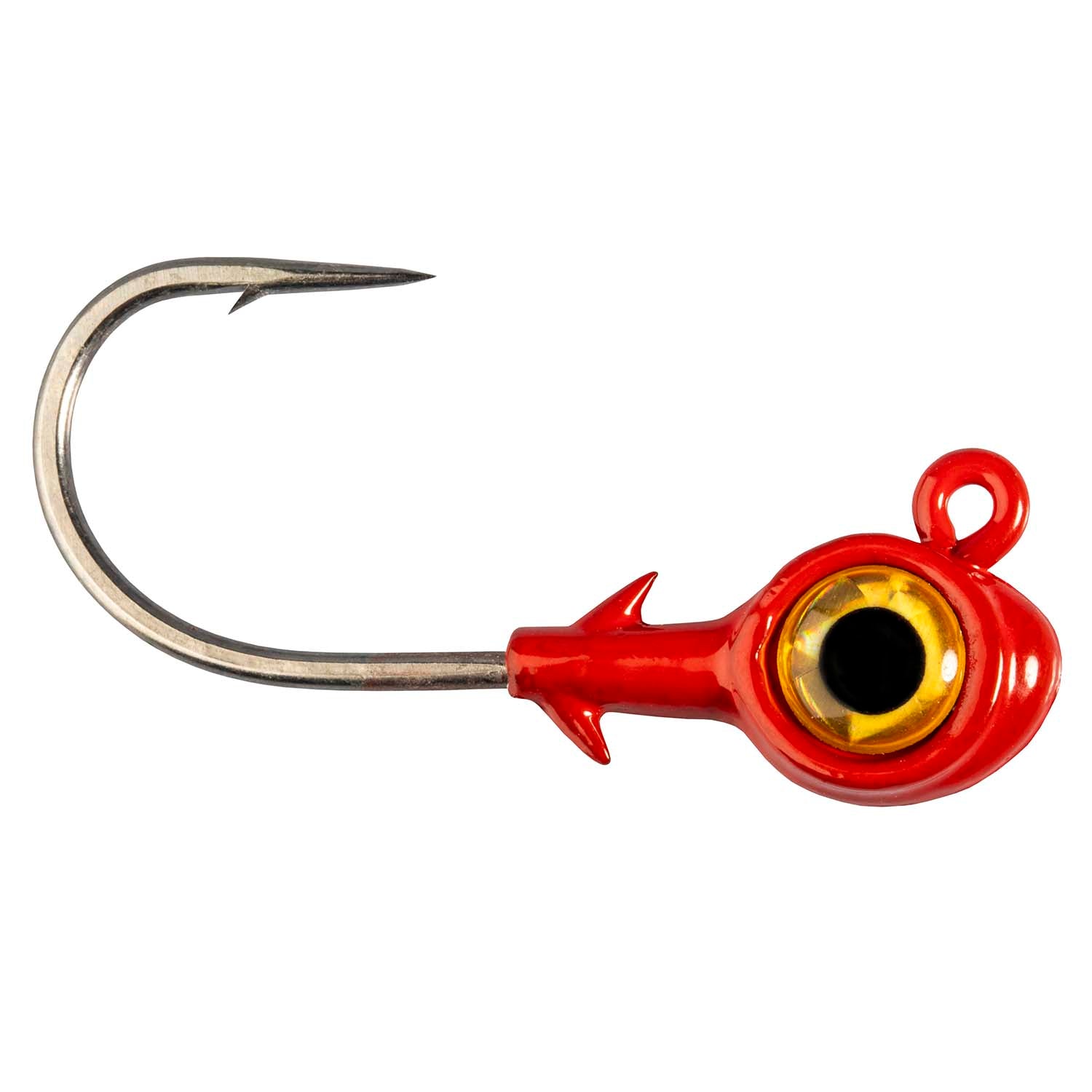 Red jighead with gold eye insert, black pupil and barbed hook, metal collar