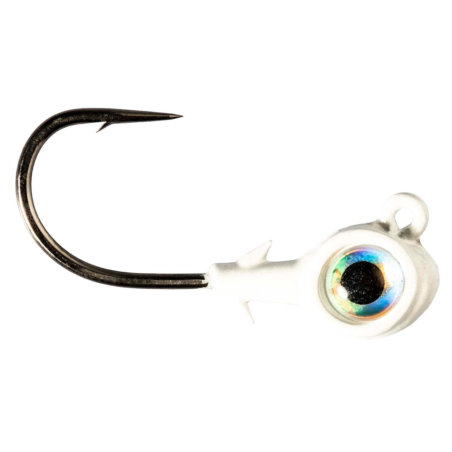 White jighead with iridescent eye ring, dark center and barbed hook