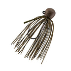 Fishing jig with brown/olive skirt and dark round weighted jighead
