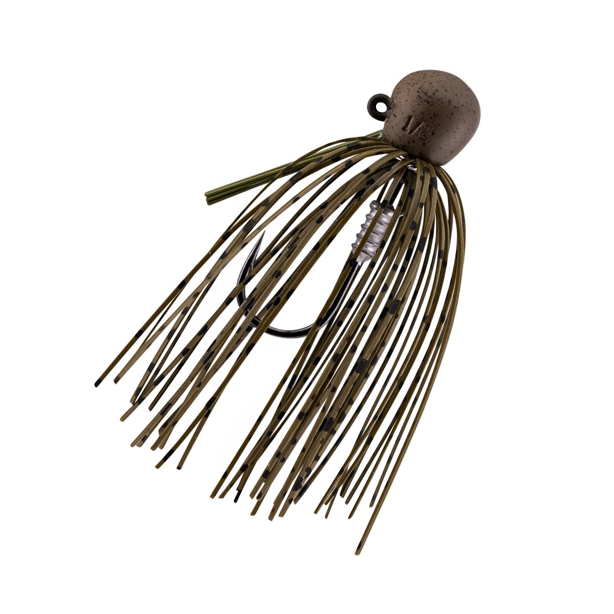 Fishing jig with brown/olive skirt and dark round weighted jighead