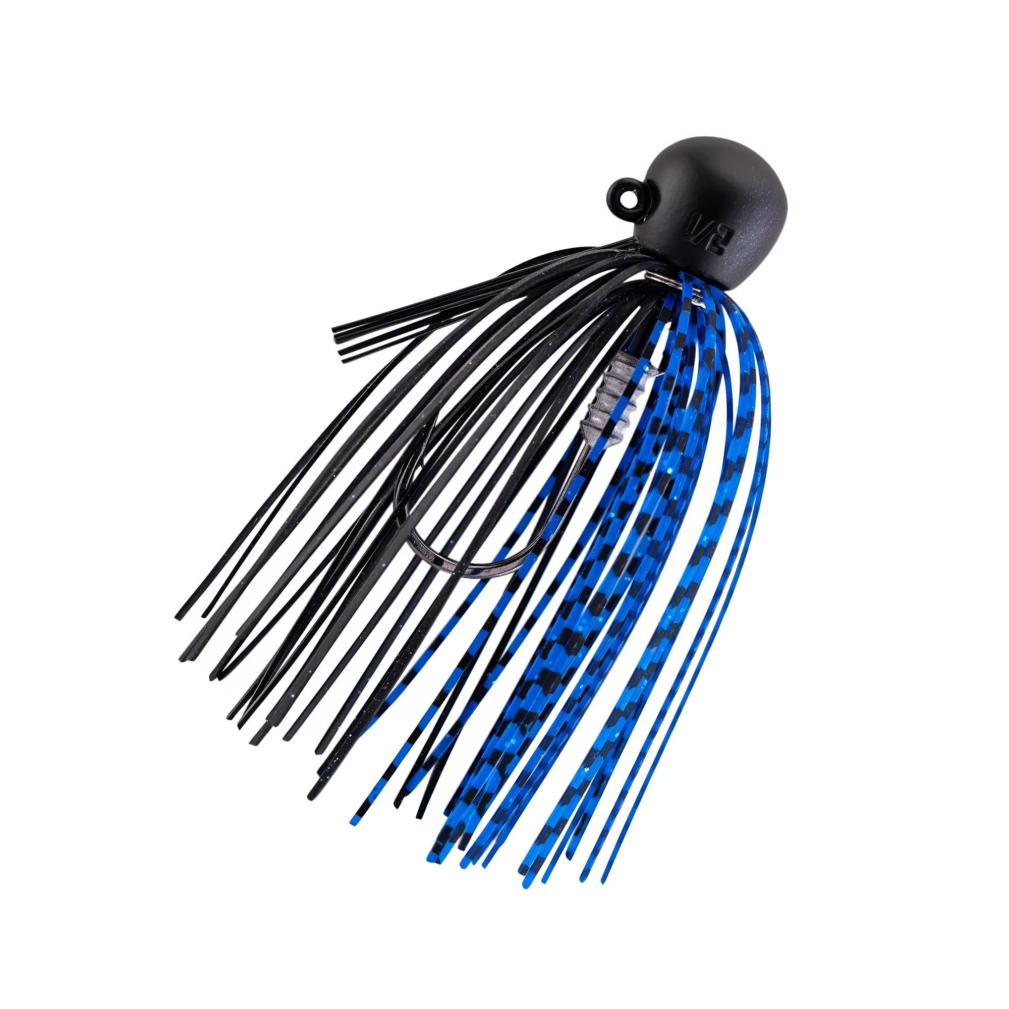 Fishing jig with black skirt and blue accents, round lead head with eyelet.