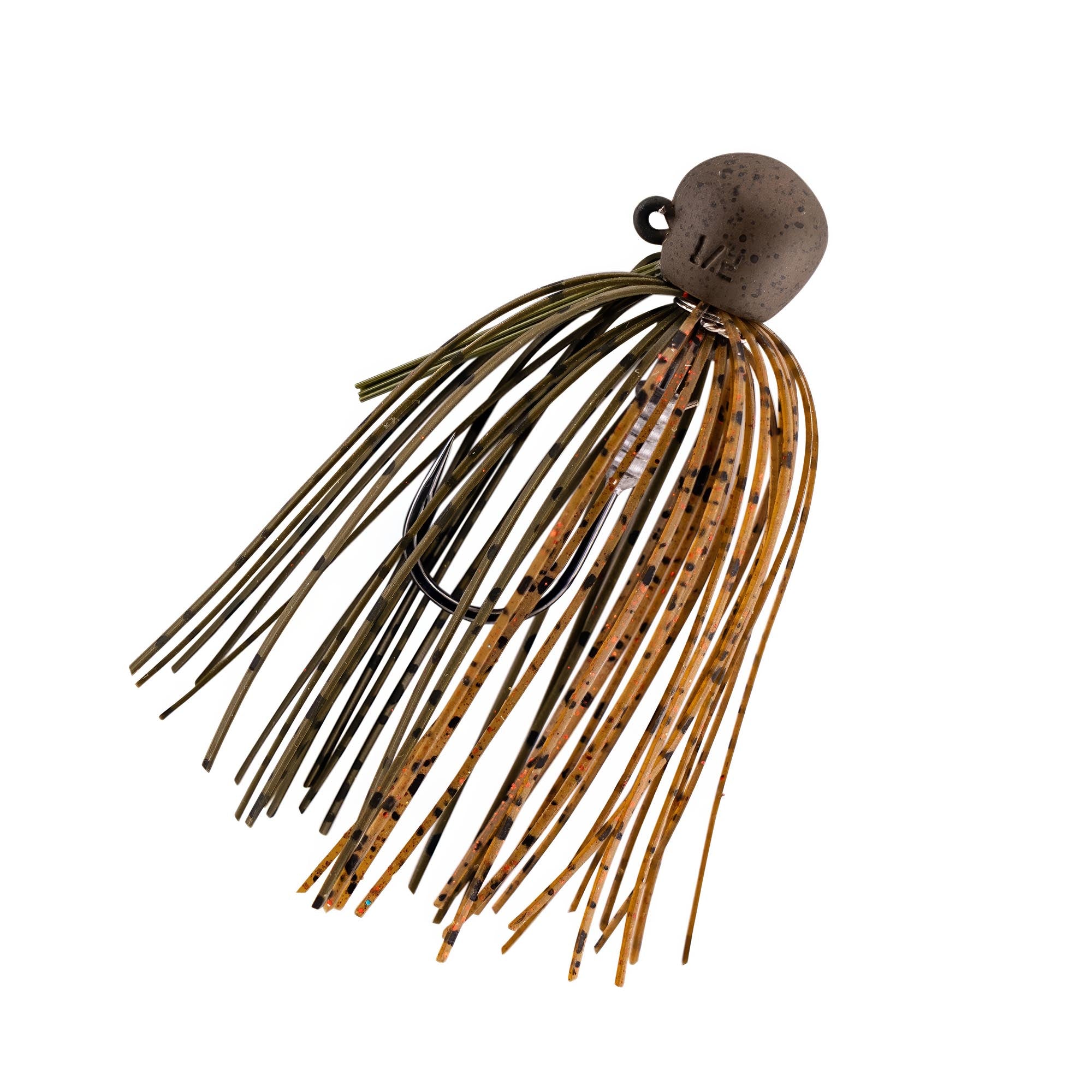 Fishing jig with green-brown skirt strands and speckled round weighted jighead