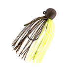 Fishing jig with black and olive skirt, bright yellow strands, speckled jighead