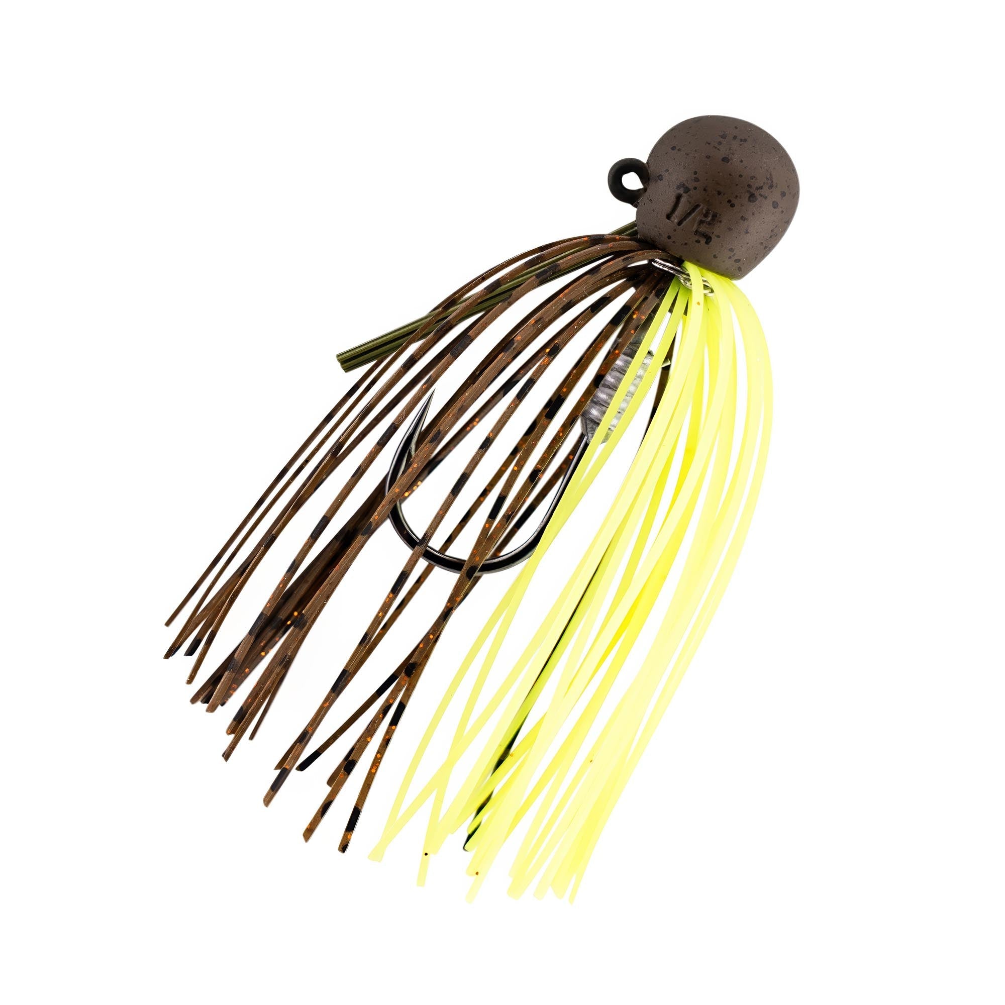 Fishing jig with brown and neon yellow skirt, speckled round lead head with eyelet.