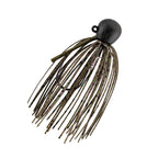 Fishing jig with olive-green skirt strands and speckled round weighted jighead