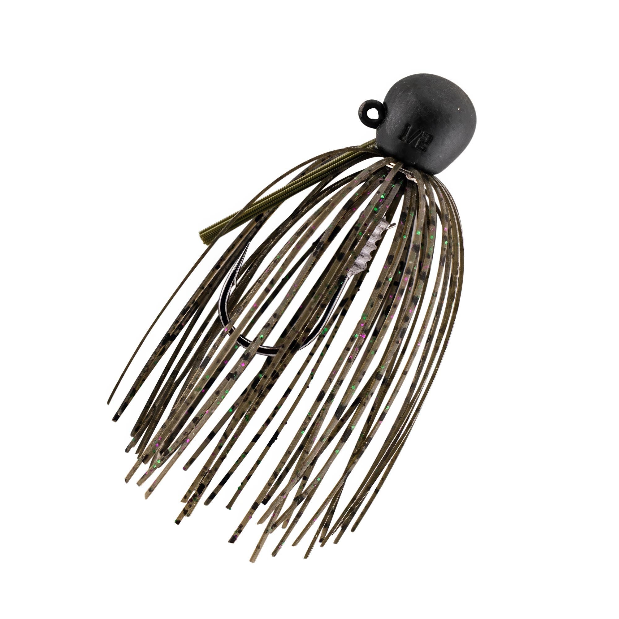 Weighted fishing jig with dark skirt strands and olive highlights