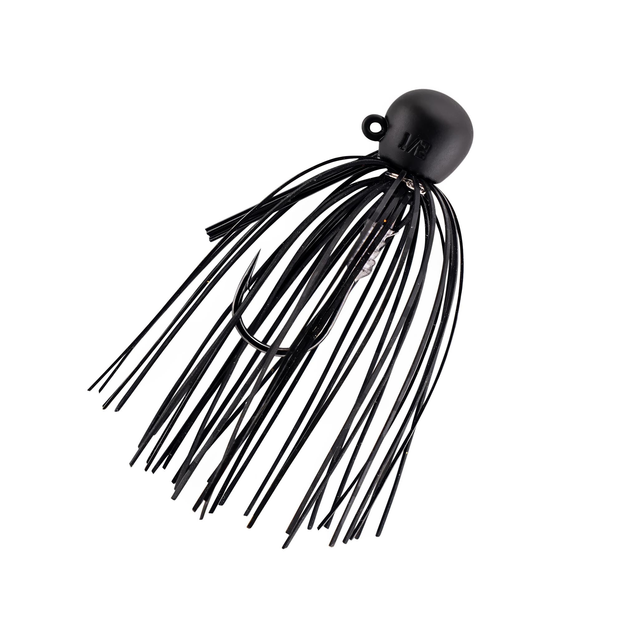 Fishing jig with all-black skirt and dark round weighted jighead