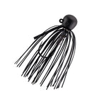 Fishing jig with all-black skirt and round lead head with eyelet.