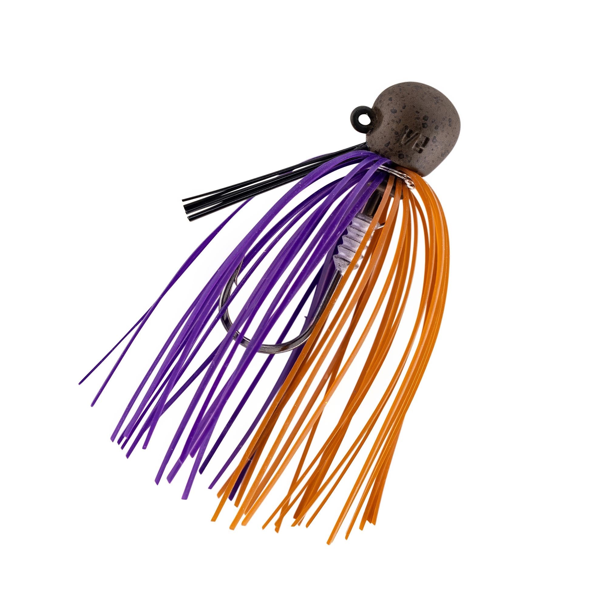 Fishing jig with purple top skirt and orange strands, speckled round weighted jighead