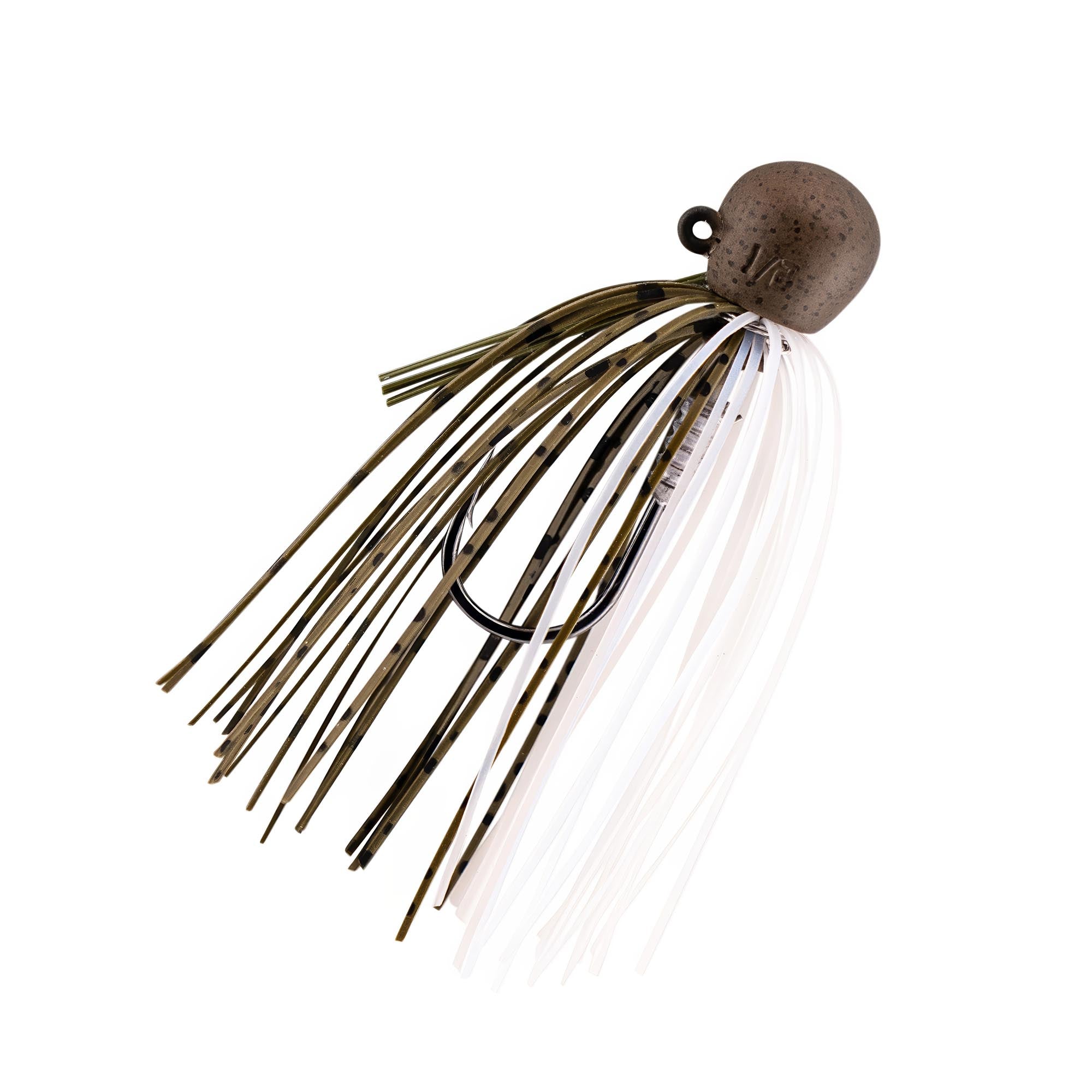 Fishing jig with olive skirt and white trailing strands, speckled round weighted jighead