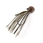 Fishing jig with olive and white skirt, speckled round lead head with eyelet.
