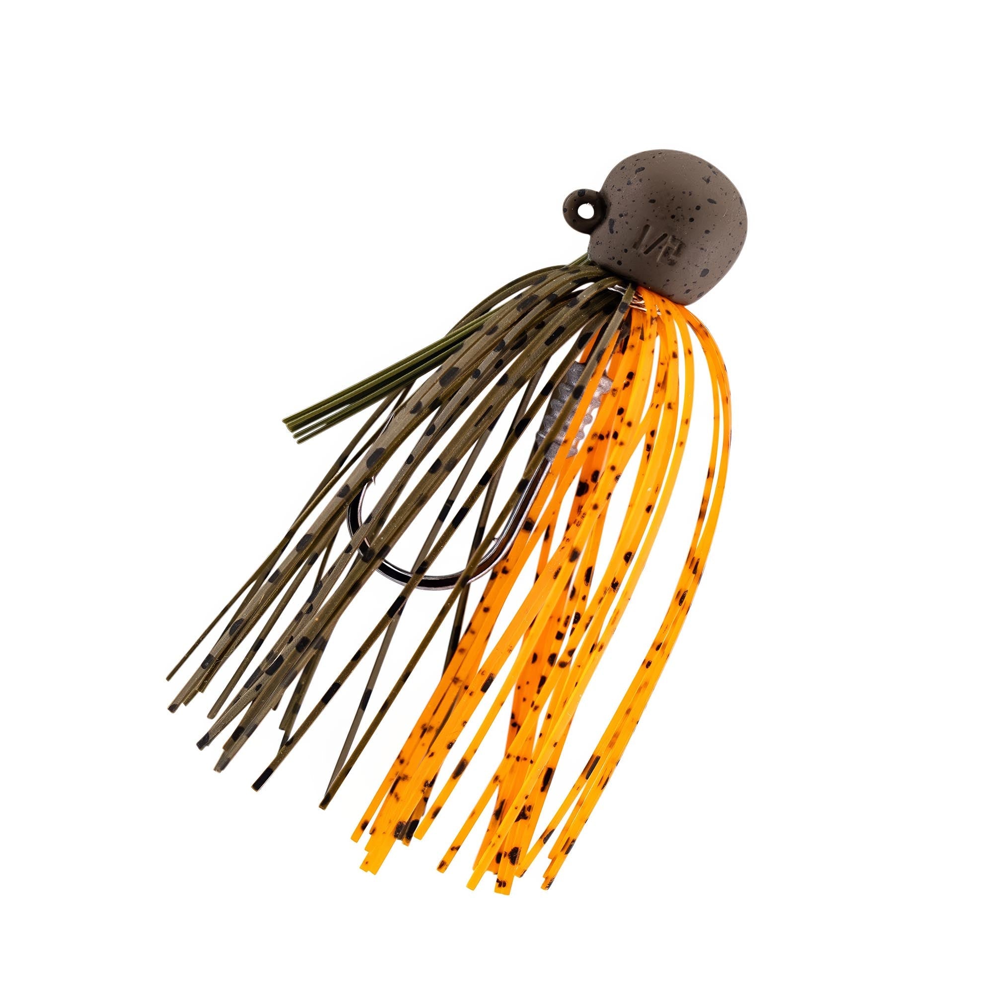 Weighted fishing jig with olive skirt strands and orange accents