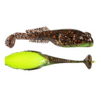 Black and orange speckled soft plastic fishing lure with ribbed tail and flipper action