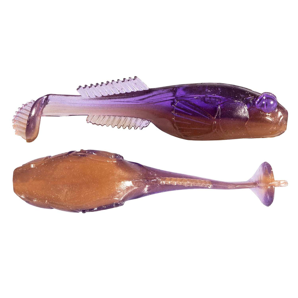 Purple and amber soft plastic fishing lure with ribbed tail and fin-like body