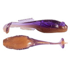 Purple and amber soft plastic fishing lure with ribbed tail and fin-like body