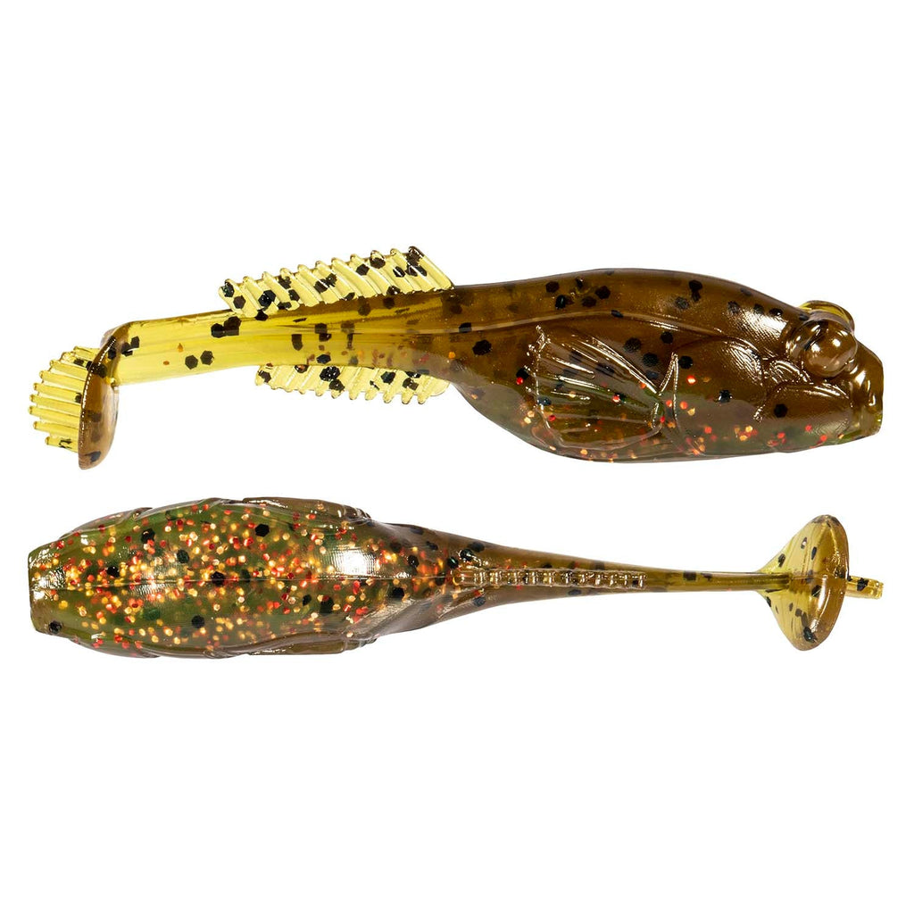 Gold and brown speckled soft plastic fishing lure with ribbed tail