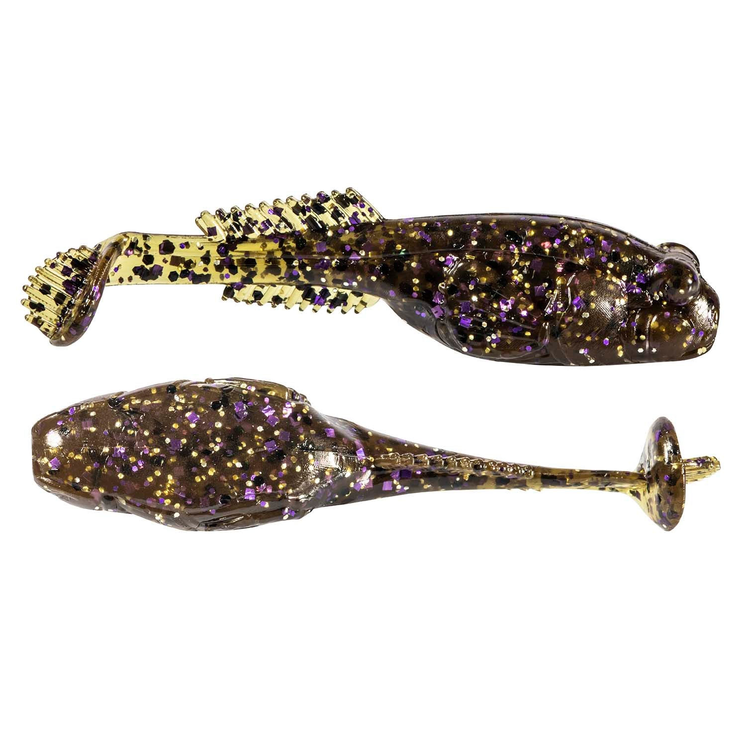 Dark purple glitter soft plastic fishing lure with spotted ribbed tail