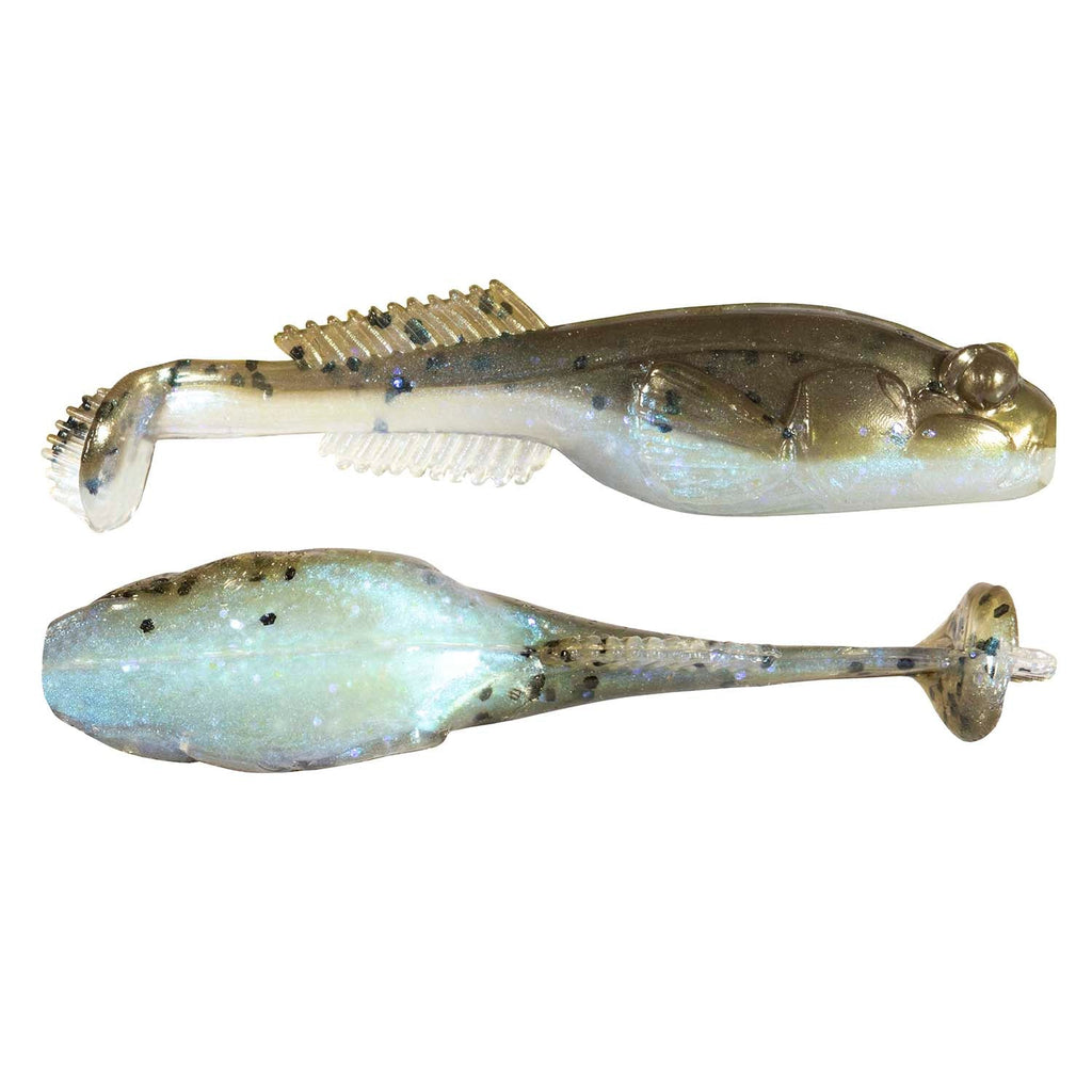 Silver and blue speckled soft plastic fishing lure with ribbed tail
