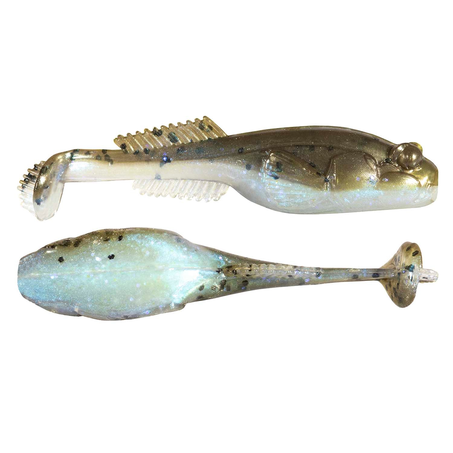Silver and blue speckled soft plastic fishing lure with ribbed tail