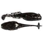 Black glitter soft plastic fishing lure with ribbed tail and paddle fin