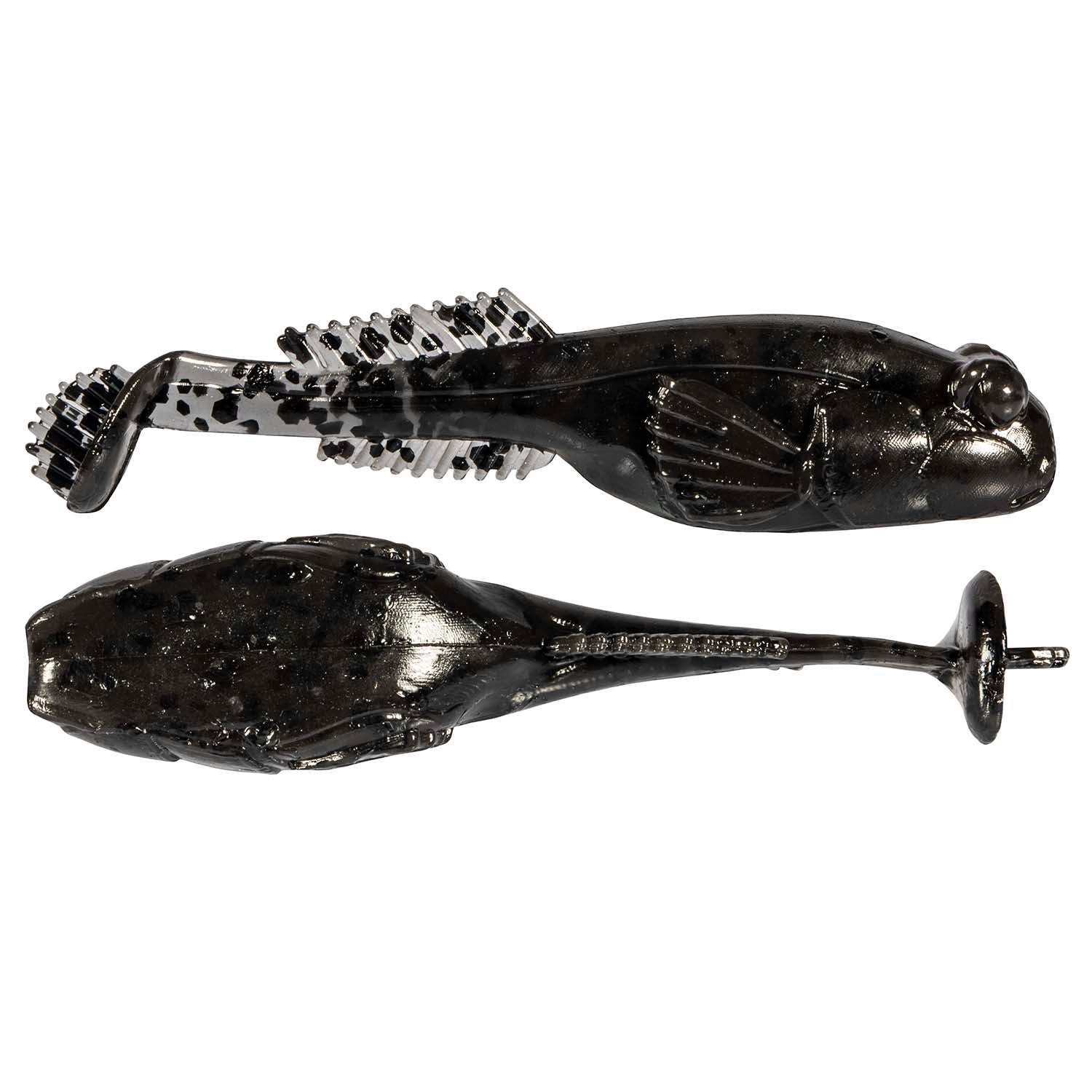 Black glitter soft plastic fishing lure with ribbed tail and paddle fin