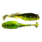 Green soft plastic fishing lure with speckled finish and ribbed tail