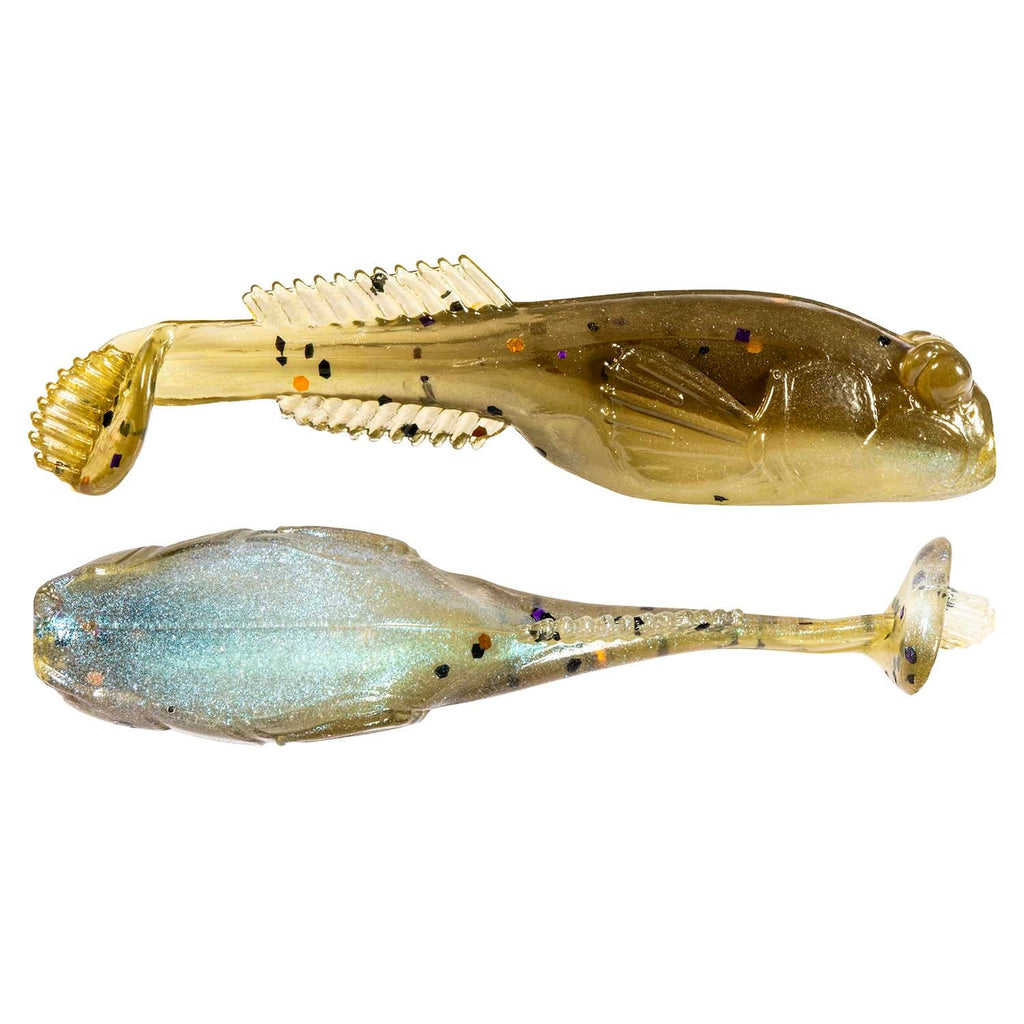 Light tan and pale blue soft plastic fishing lure with speckles and ribbed tail