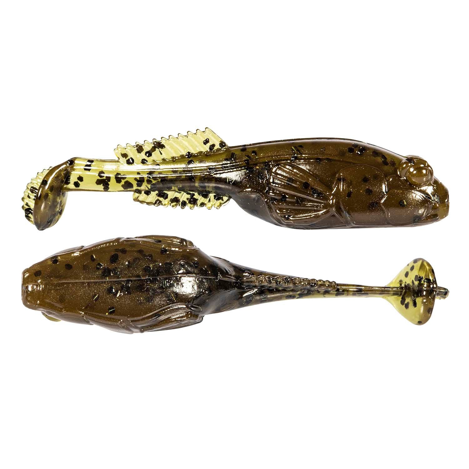 Brown and gold speckled soft plastic fishing lure with ribbed tail