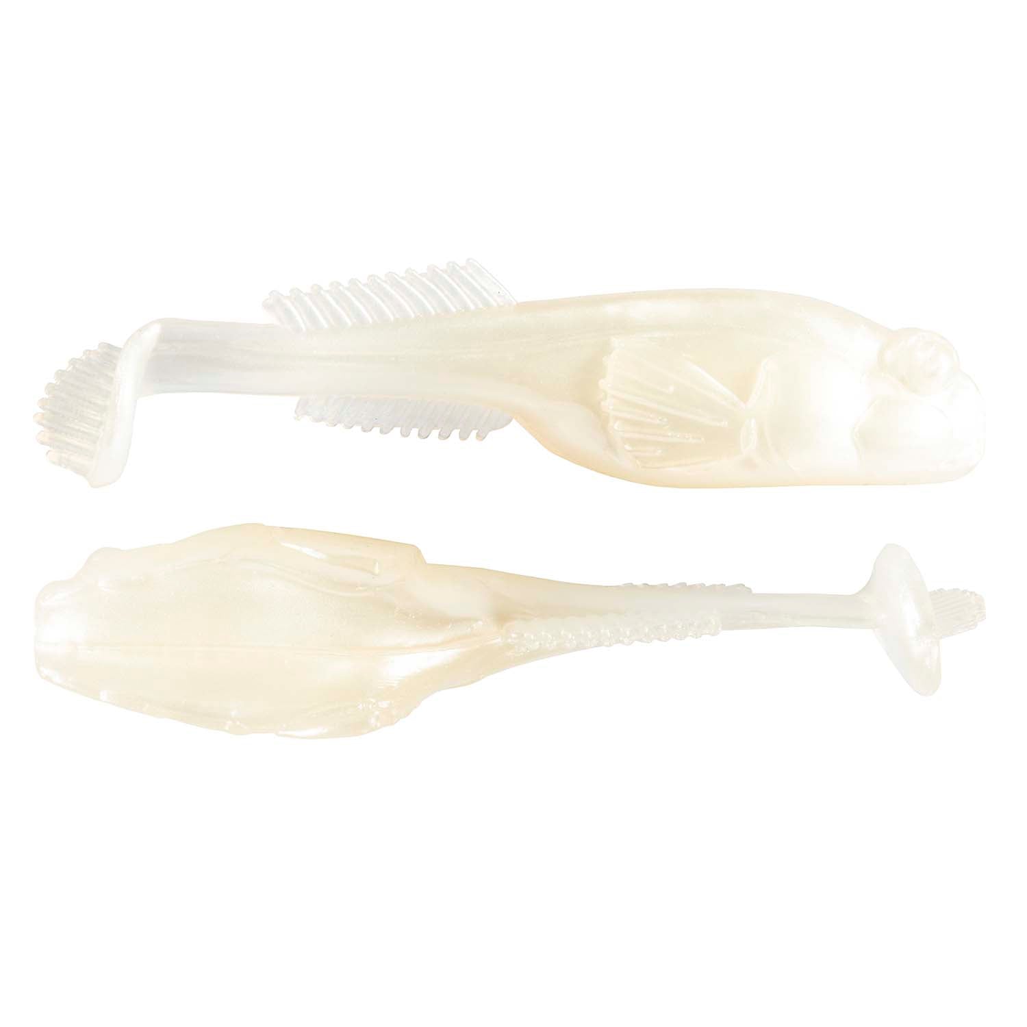 Translucent white soft plastic fishing lure with ribbed tail and fin-like body
