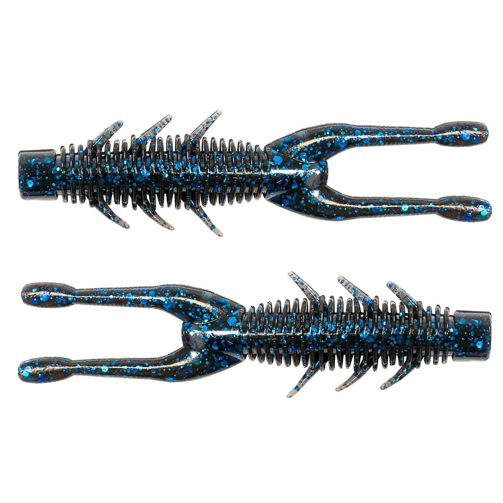 Blue speckled soft plastic craw lure with ribbed body, tapered tail, and side fins