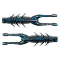 Blue speckled soft plastic craw lure with ribbed body, tapered tail, and side fins