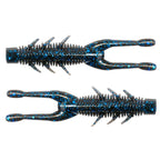 Blue speckled soft plastic craw lure with ribbed body, tapered tail, and side fins