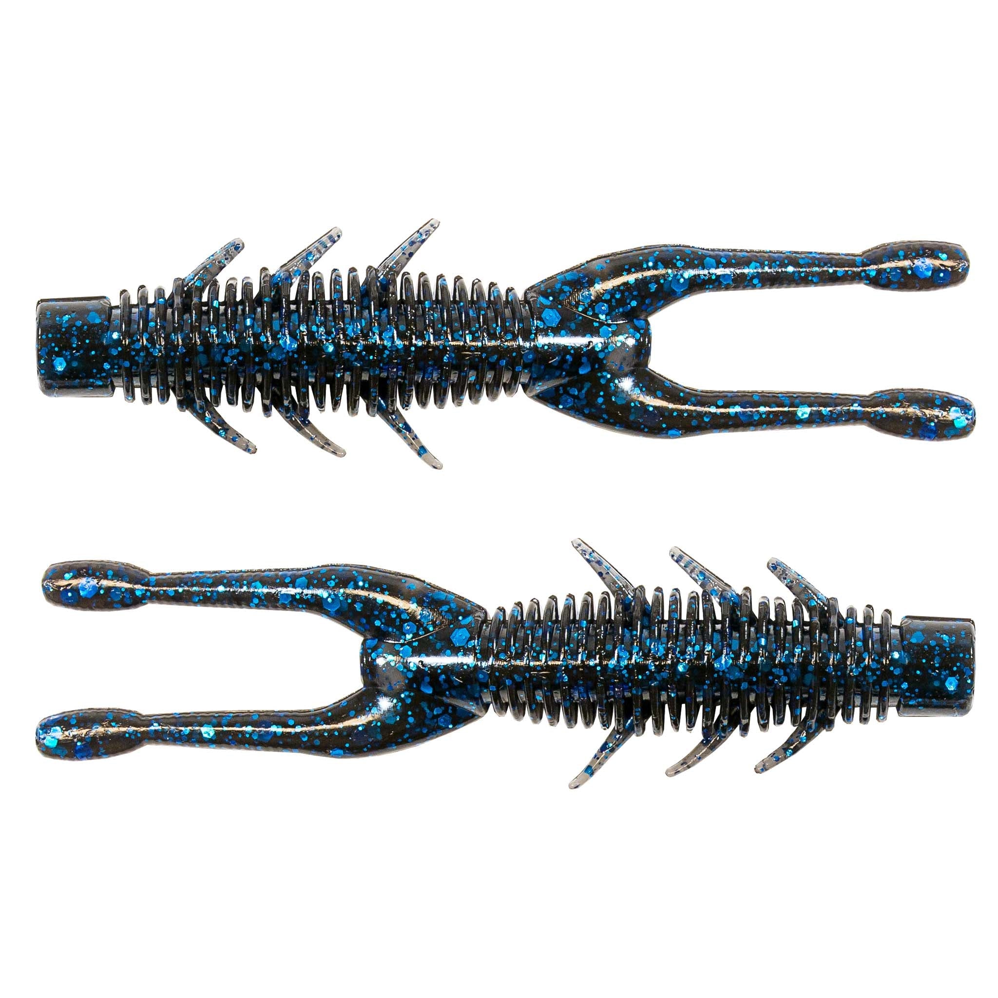 Blue speckled soft plastic craw lure with ribbed body, tapered tail, and side fins