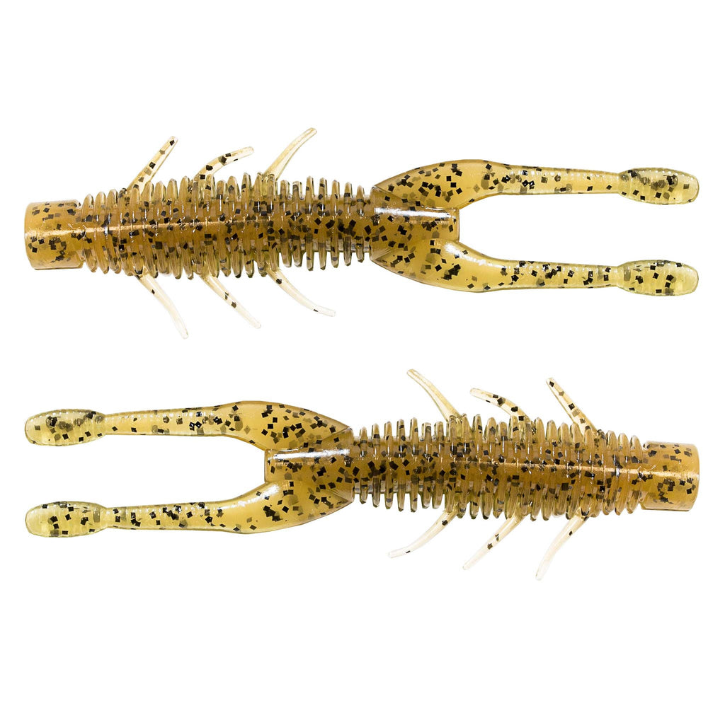 Gold speckled soft plastic craw lure with ribbed body and forked tail-like fins