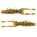 Gold speckled soft plastic craw lure with ribbed body and forked tail-like fins
