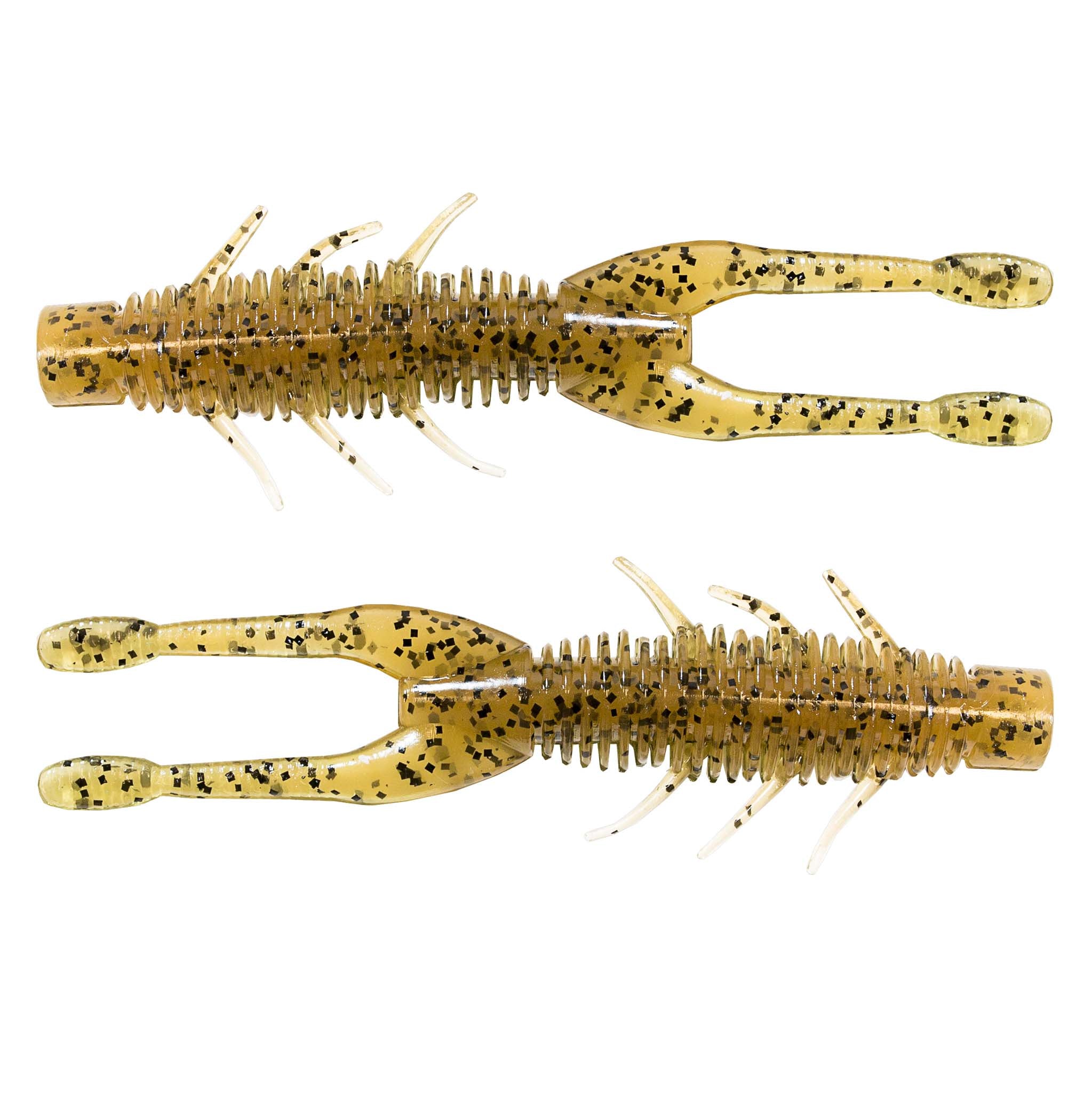 Gold speckled soft plastic craw lure with ribbed body and forked tail-like fins