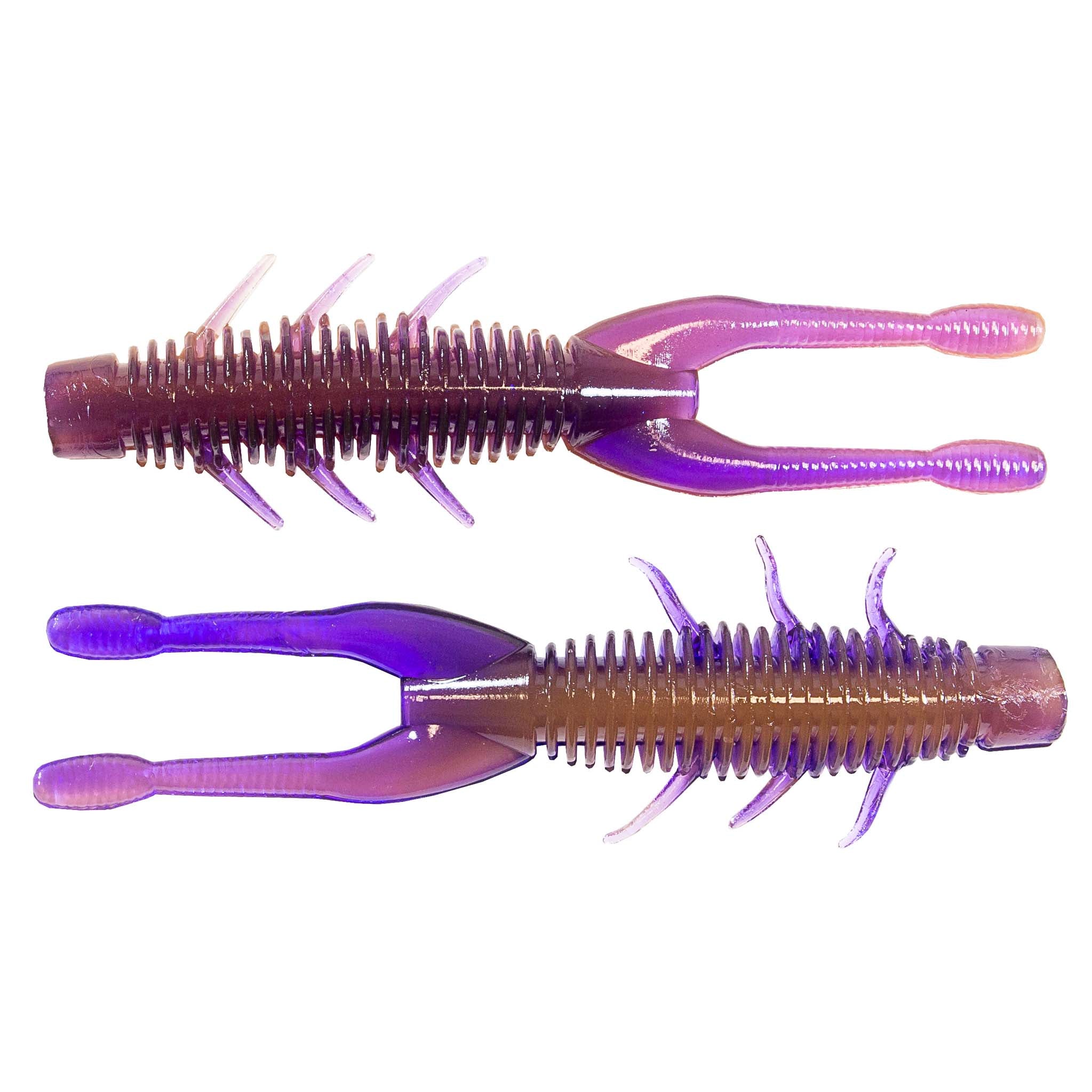 Purple soft plastic craw lure with ribbed body, forked fins, and molded legs