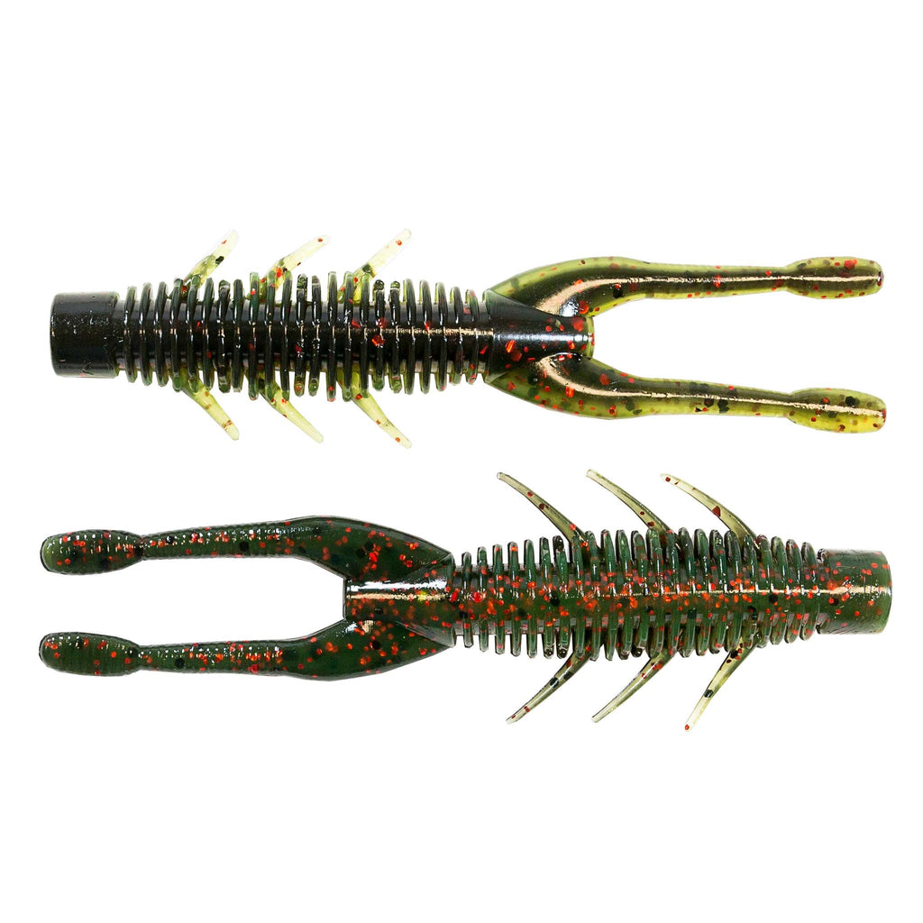 Olive soft plastic craw lure with red and green speckles, ribbed body, and fins