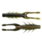 Olive soft plastic craw lure with red and green speckles, ribbed body, and fins